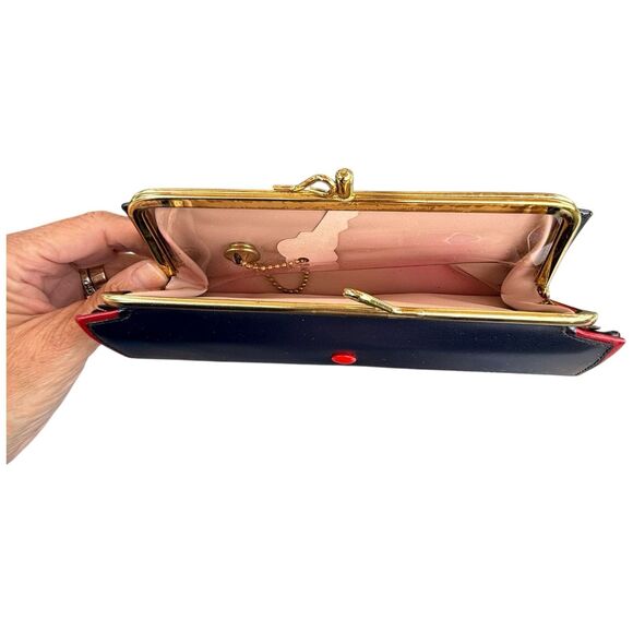 Vtg Leather Wallet Coin Purse Navy Blue Red Trim NOS 60s 70s Belle Brummel NOS - Picture 14 of 16